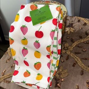 kate spade 3 setWhite Fruit Print Kitchen Towels with Pink, Red, Orange & Yellow